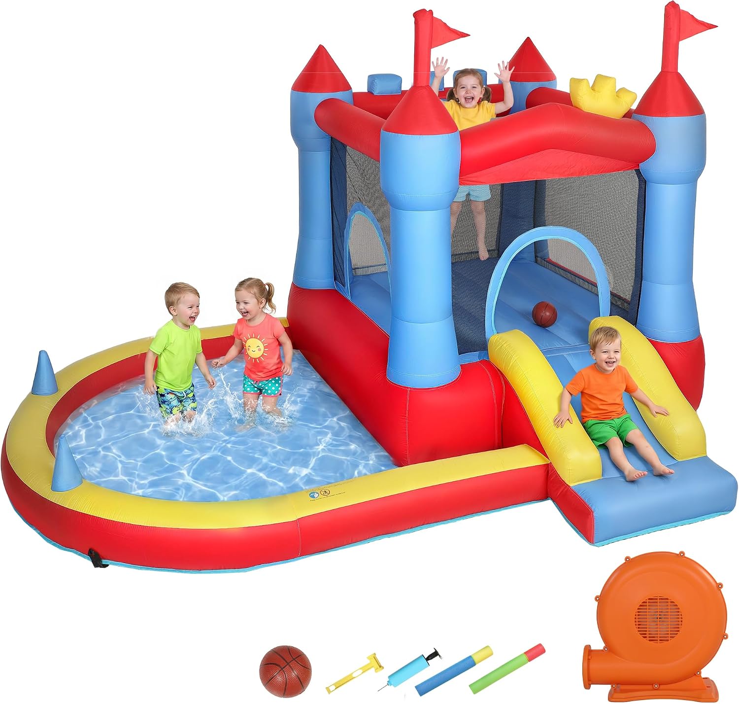 AIYAPLAY 840D Giochi e castelli gonfiabili, Parco Acquatico con Scivolo, Trampolino, Piscina Palline, Canestro Basket, Soffiatore, Borsa Trasporto
