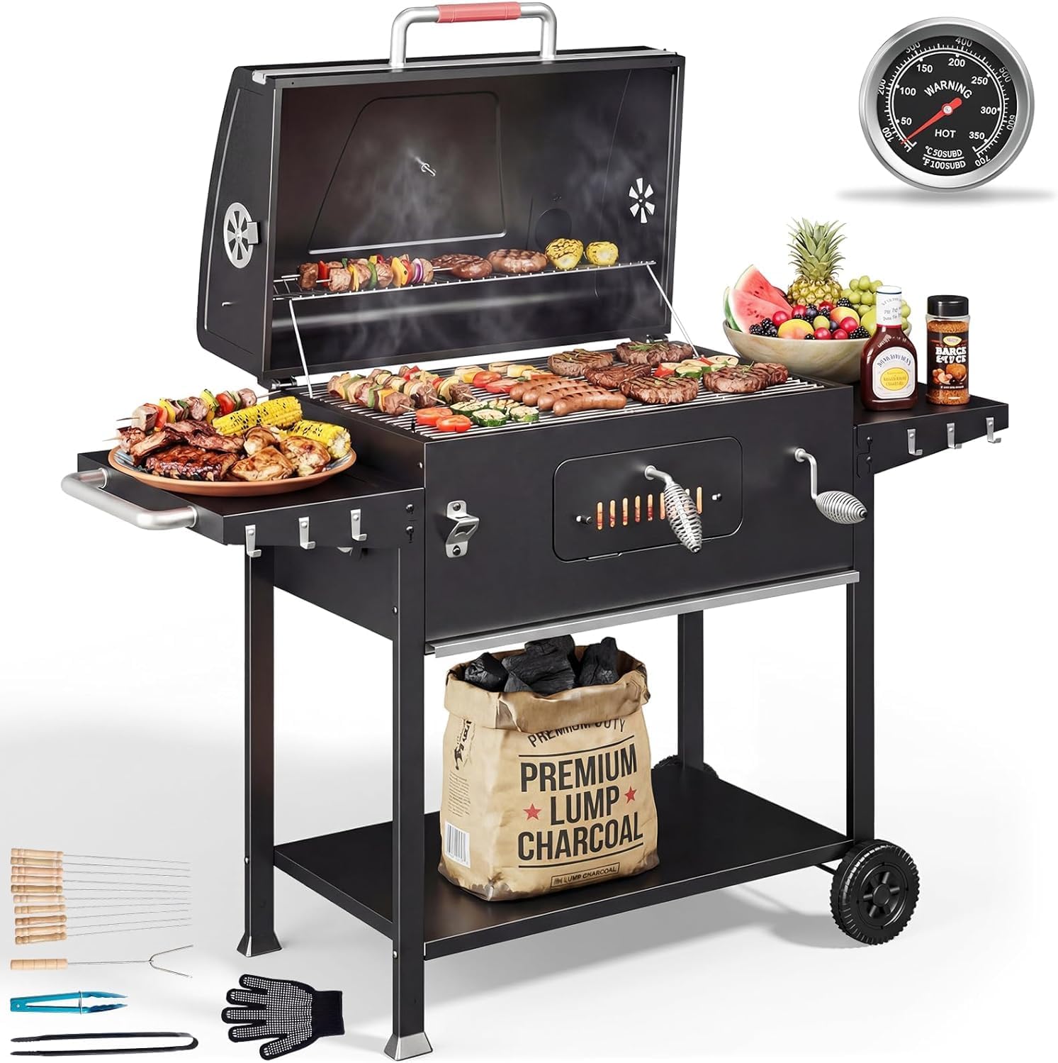 Devoko Barbecue a carbone, Barbecue Carbonella XXL, BBQ, Termometro, Barbecue Portatile per Giardino, Campeggio, Esterno, Pinza da Cucina