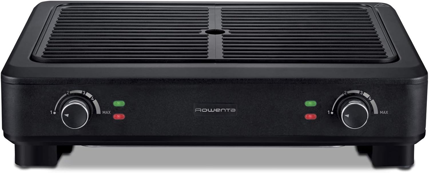 Bistecchiere, 70% di fumo in meno, 2 zone di cottura indipendenti, 2000 W, Smokeless Grill, Griglia, Meno odori, Nero, Rowenta KG900812