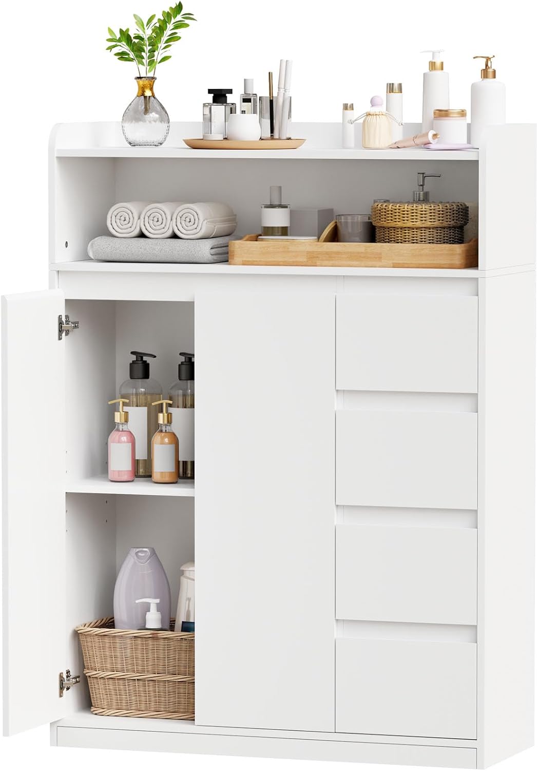 Mobili a terra, Bianco, Comò per Bagno, Cucina, 2 Ante e Ripiano Regolabile, 110×80×30 cm, Mobiletto da Bagno, Soggiorno, ANWBROAD SBC015W