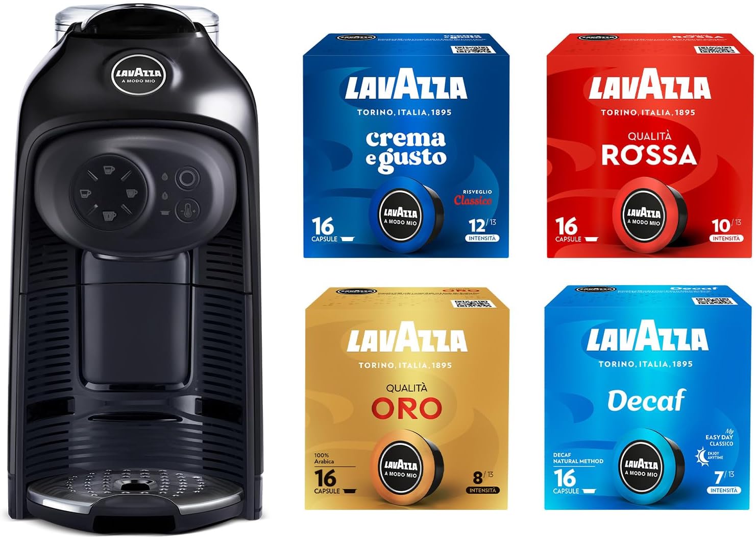 Lavazza Macchina da caffè, 1500 W, 220-240 V, 60 Hz, A Modo Mio Macchina per Caffè Idola Nera con 64 Capsule A Modo Mio Assortite
