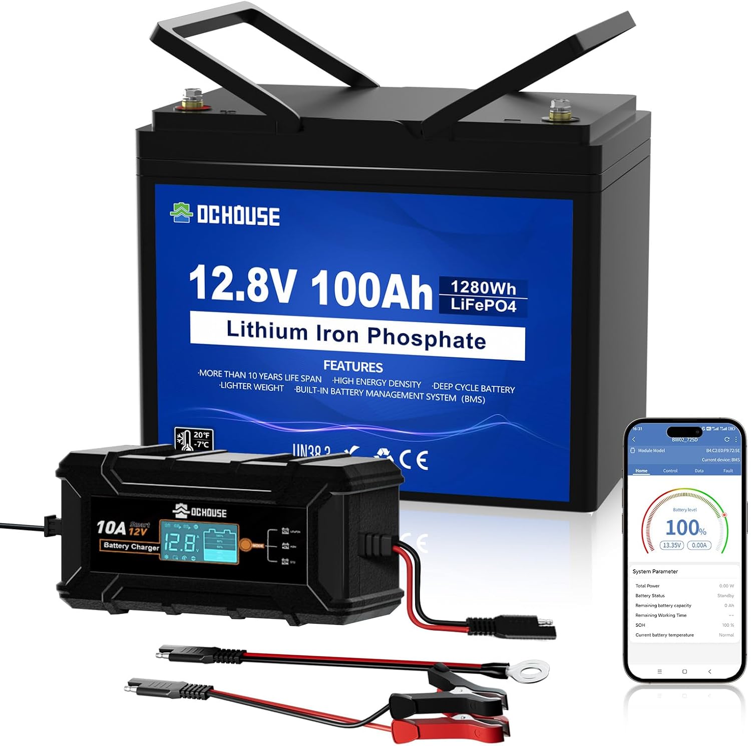 Batterie a ciclo profondo, BMS, Protezione da Bassa Temperatura, Batteria LiFePO4 12 V 100 Ah con Bluetooth e Caricabatterie 10A, DCHOUSE 100A