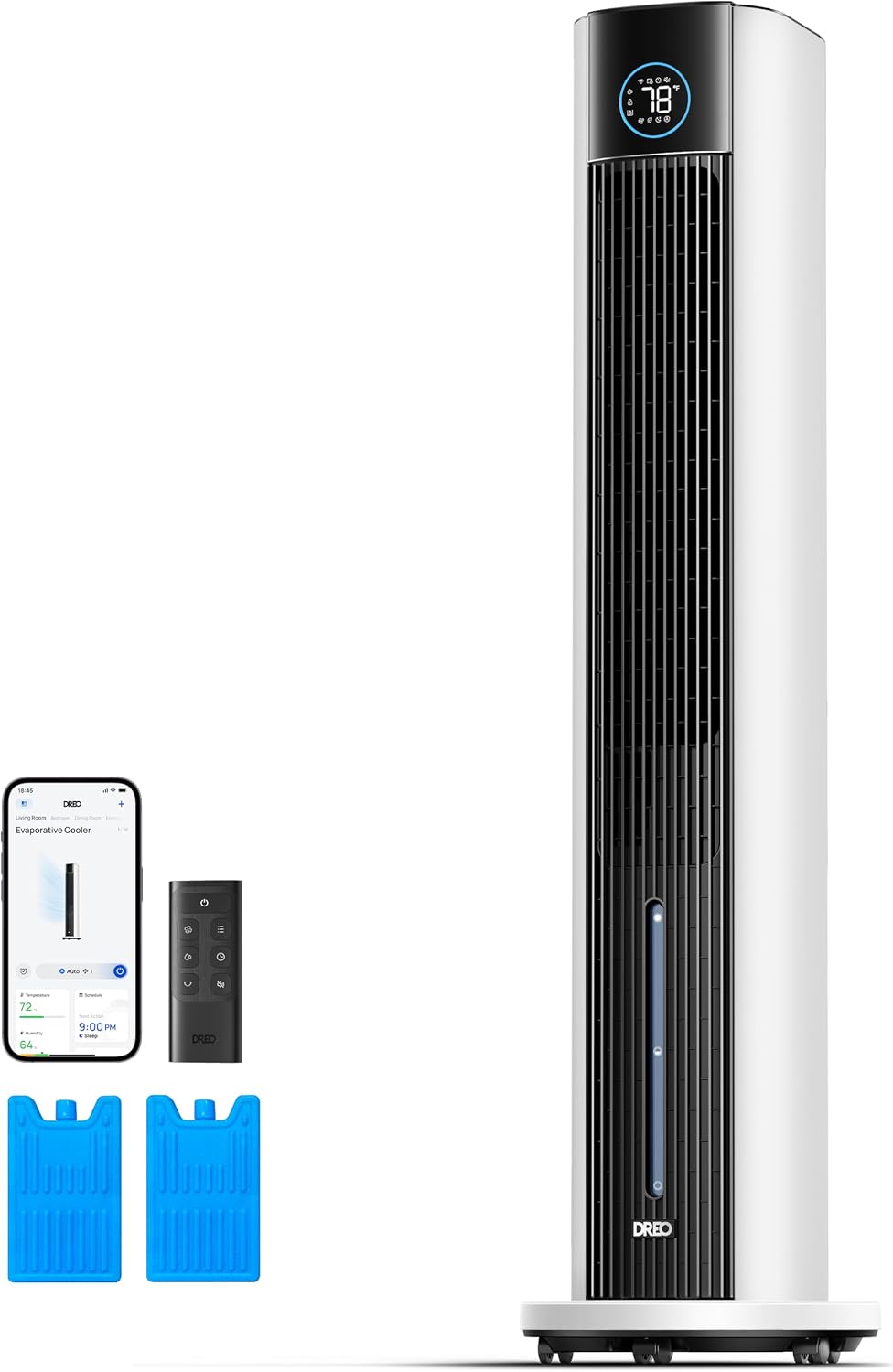 DREO Condizionatori a evaporazione, oscillazione 80°, timer 12 h, Ventilatore a Torre con raffrescamento ad acqua, silenzioso, evaporativo, bianco