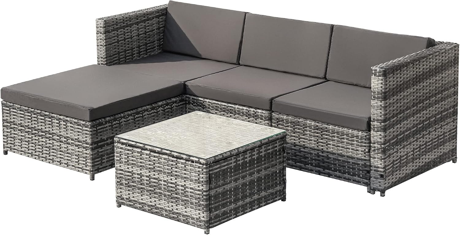 Set mobili da giardino, tavolo lounge con piano in vetro (grigio), con cuscino per seduta e schienale, in polyrattan, divano angolare, Moimhear