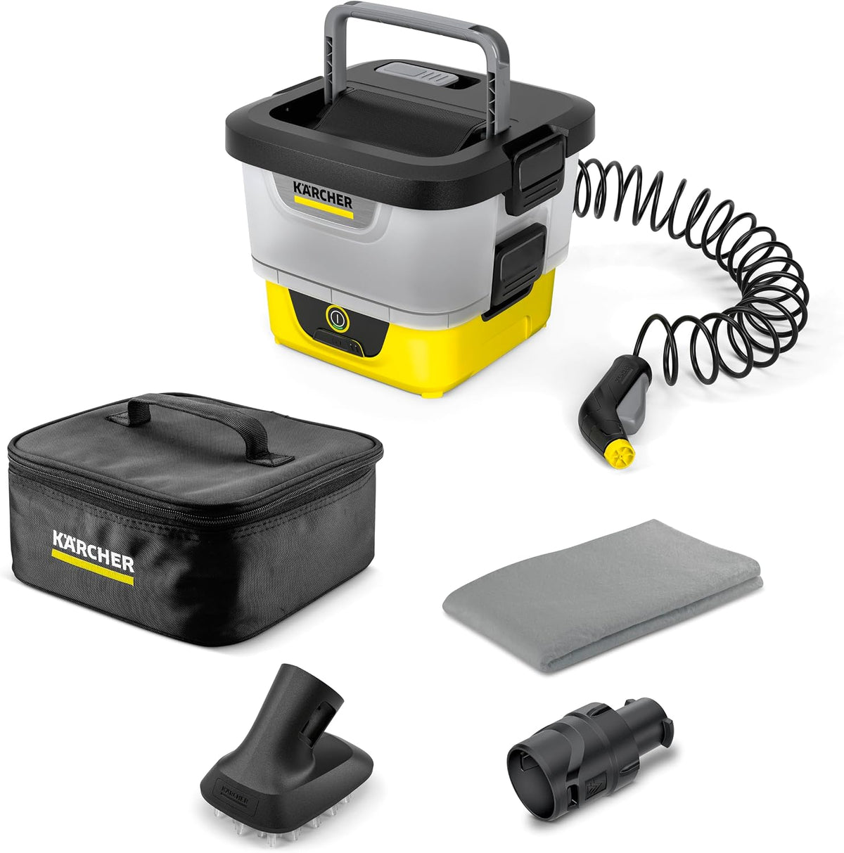 KÄRCHER Idropulitrice, serbatoio acqua: 8 L, min, tubo a spirale, filtro dispositivo, ugello cono, piatto, asciugamano, batteria agli ioni di litio