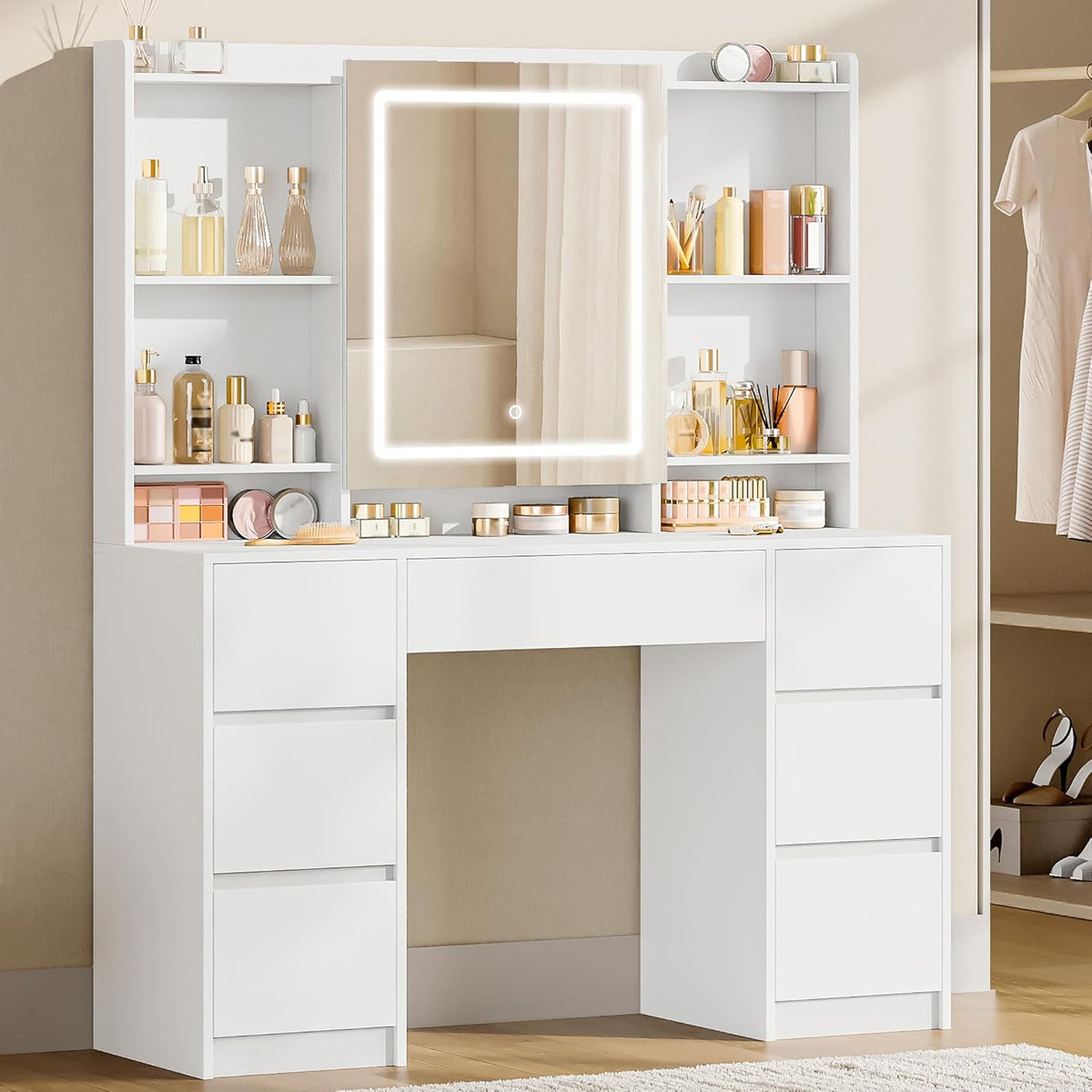 Hzuaneri DT43203XEU Toelette, Toeletta Trucco con Luce LED Regolabile, Toeletta con Specchio, Moderno, 7 Cassetti e 4 Ripiani, Bianco
