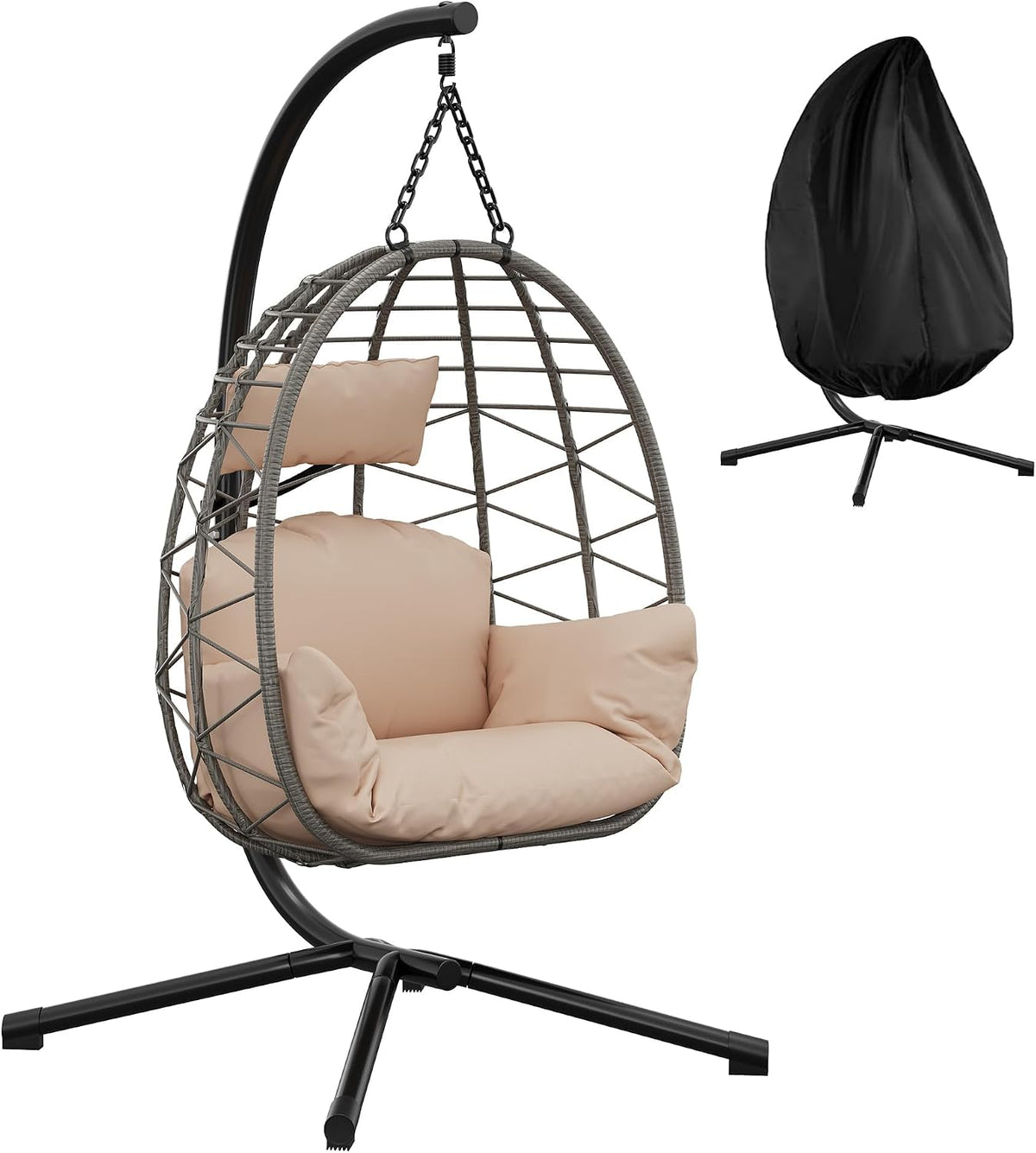 Sedia sospesa, per giardino, per interni ed esterni, capacità 150 kg, Sedia a uovo sospesa resistente con supporto, ergonomica, patio, Crevyteg
