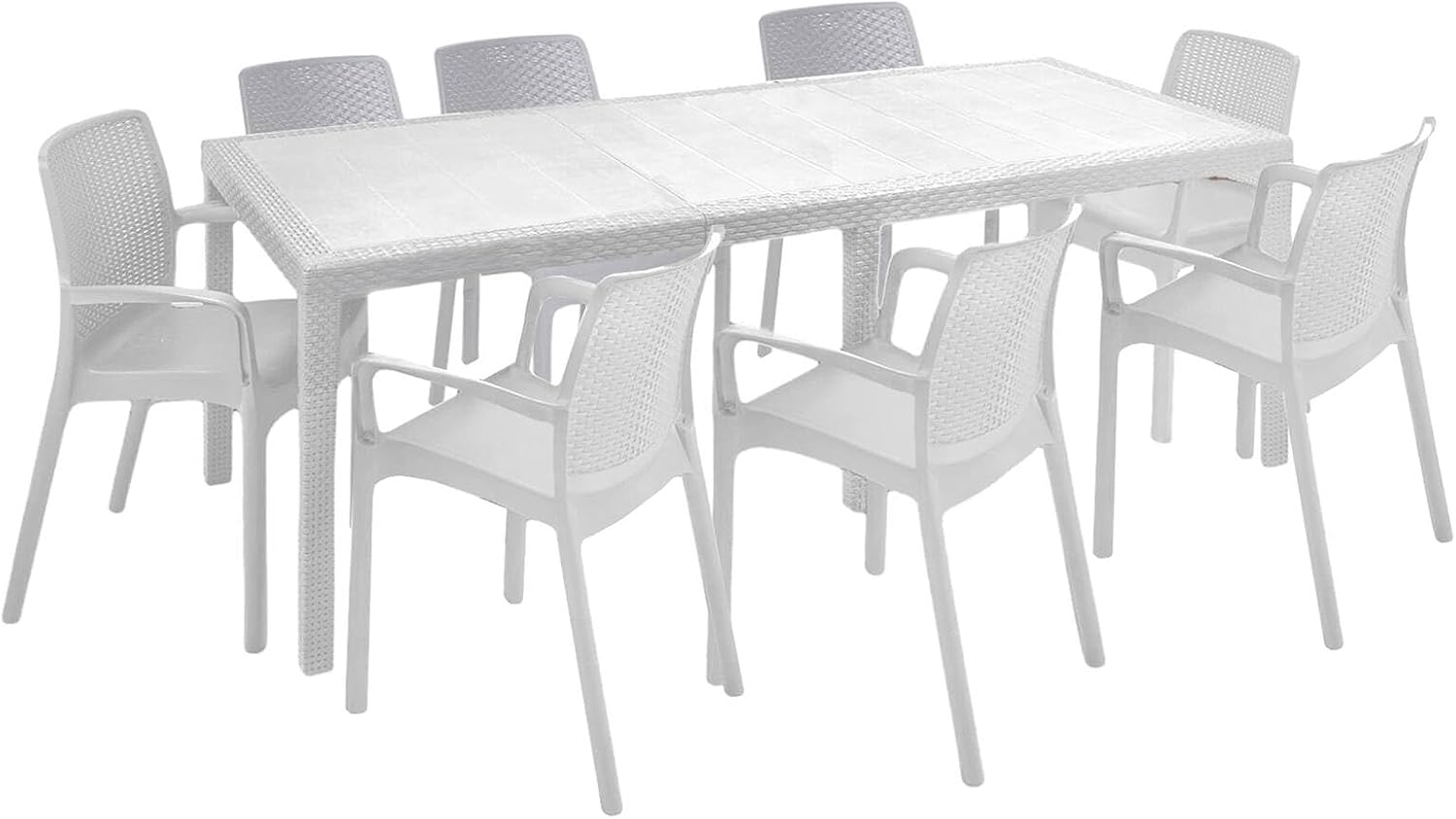 Set mobili da giardino, Tavolo Rettangolare allungabile con 8 sedie con braccioli, Bianco, Salottino Outdoor, Made in Italy, Dmora