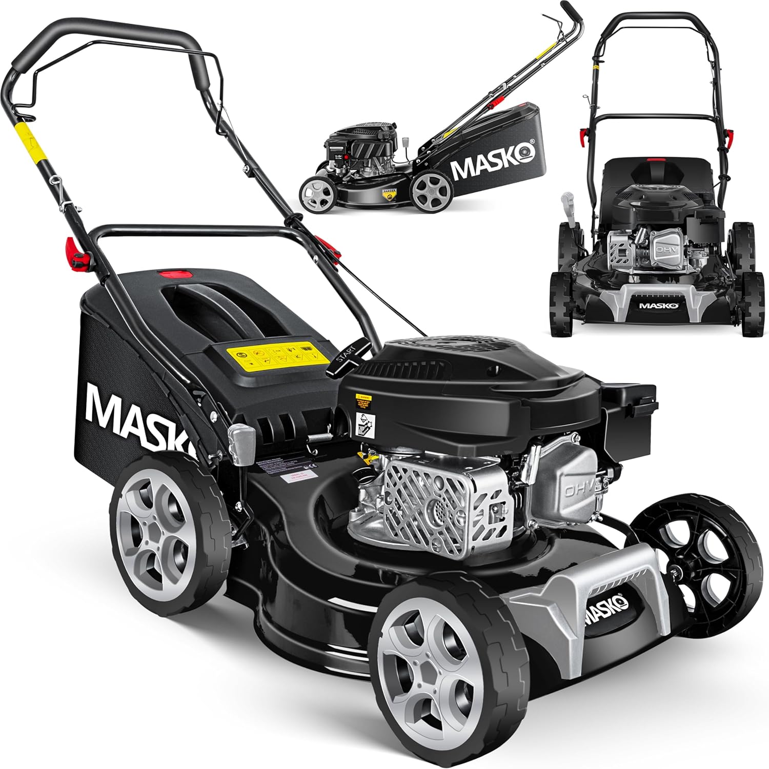 Masko Tosaerba, a benzina 3 in 1, larghezza di taglio 42 cm, motore a 4 tempi OHV 3,4 CV, cesto di raccolta da 50 litri, Include kit per pacciamatura