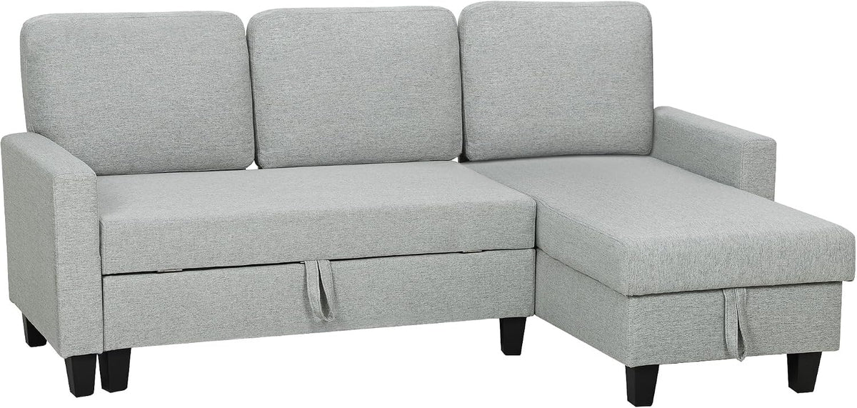 Divano, per Soggiorno Salotto, Grigio Chiaro, Letto 3 Posti con Chaise Longue Convertibile, Angolare con Vano Portaoggetti, HOMCOM