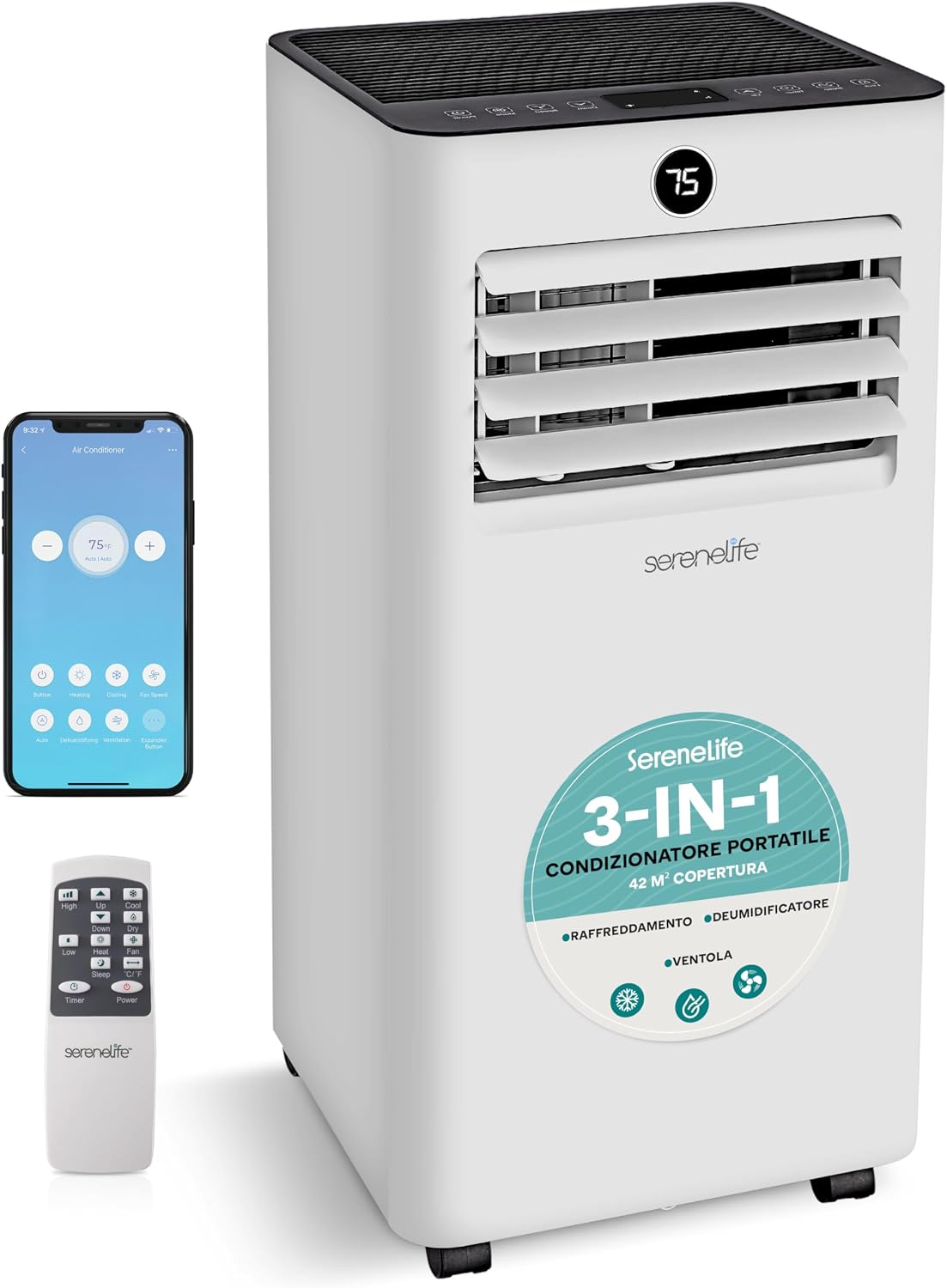 Condizionatore portatile, Climatizzatore Portatile WiFi con Telecomando, 9000 BTU, Deumidificatore e Ventilatore, Ufficio e Scuola, SereneLife