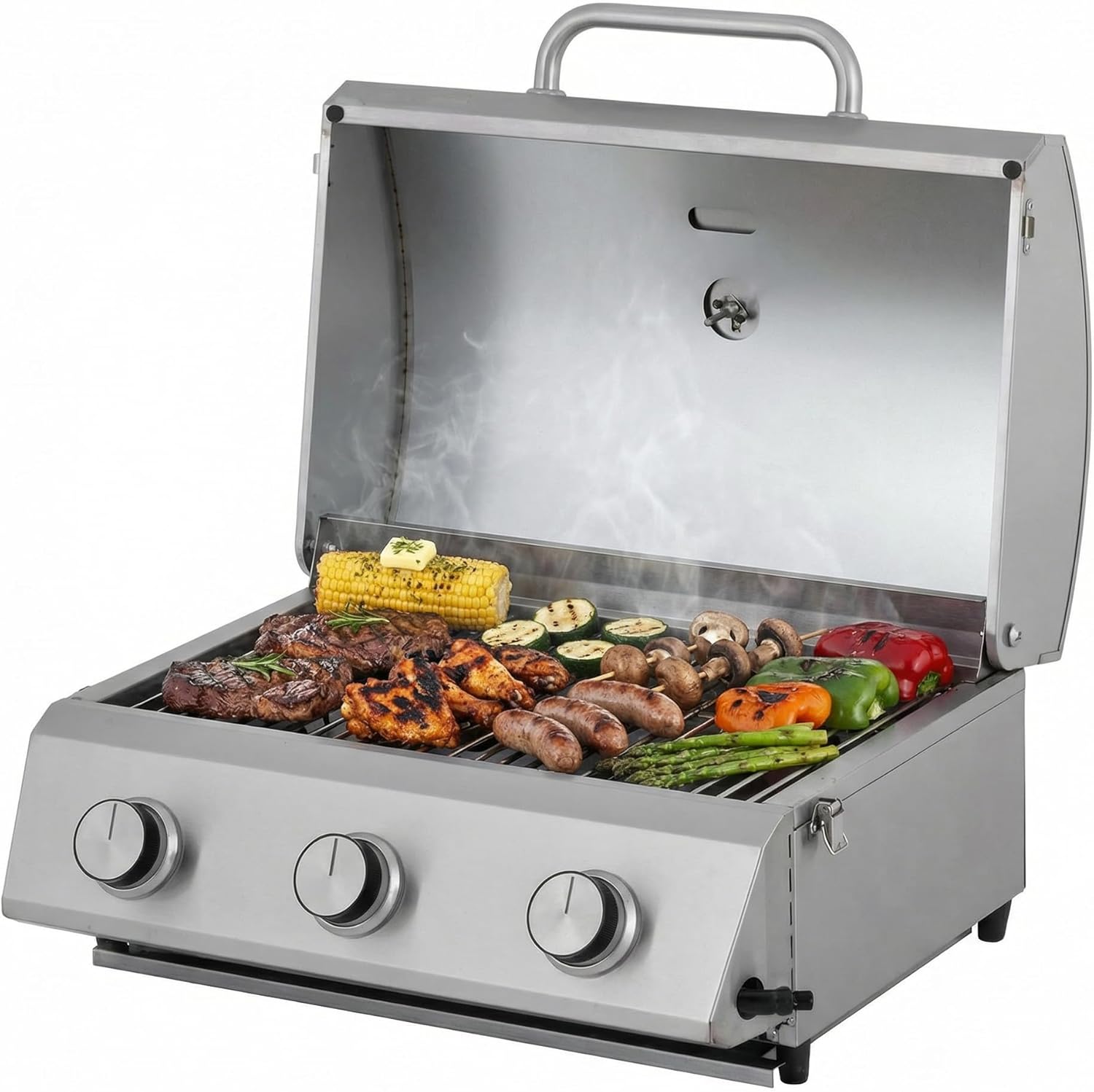 Barbecue a gas, Acciaio Inox, Argento, per Giardino, Campeggio, con 3 bruciatori Cathan, Coperchio con Termometro, Balcone, Tarrington House