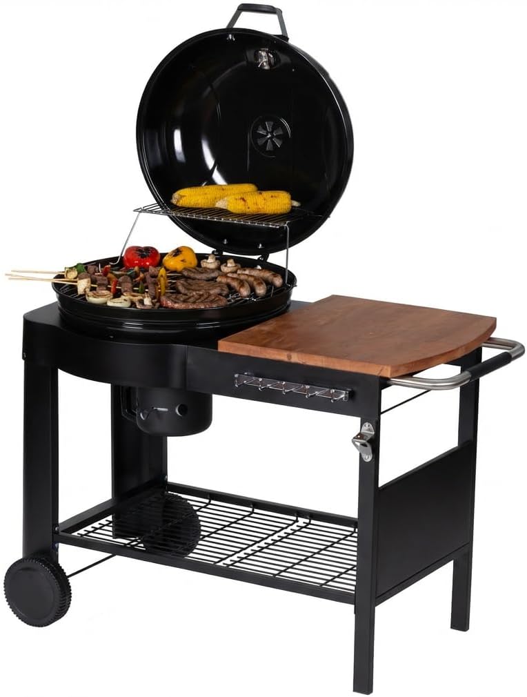 Tarrington House Barbecue a carbone, 2 Ruote, Calgary, Coperchio con Termometro, Tavolino Laterale, Ripiano Inferiore, Acciaio, Legno, Nero