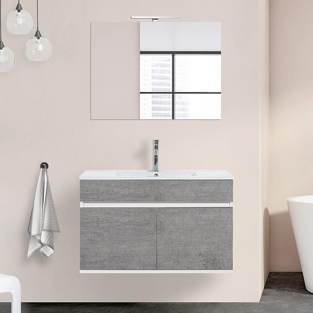 Mobiletti con lavabo, 3 colorazioni Disponibili (90 cm 2 Ante, Mobile Bagno sospeso con lavabo in Ceramica e Specchio, Grigio Cemento), Inbagno