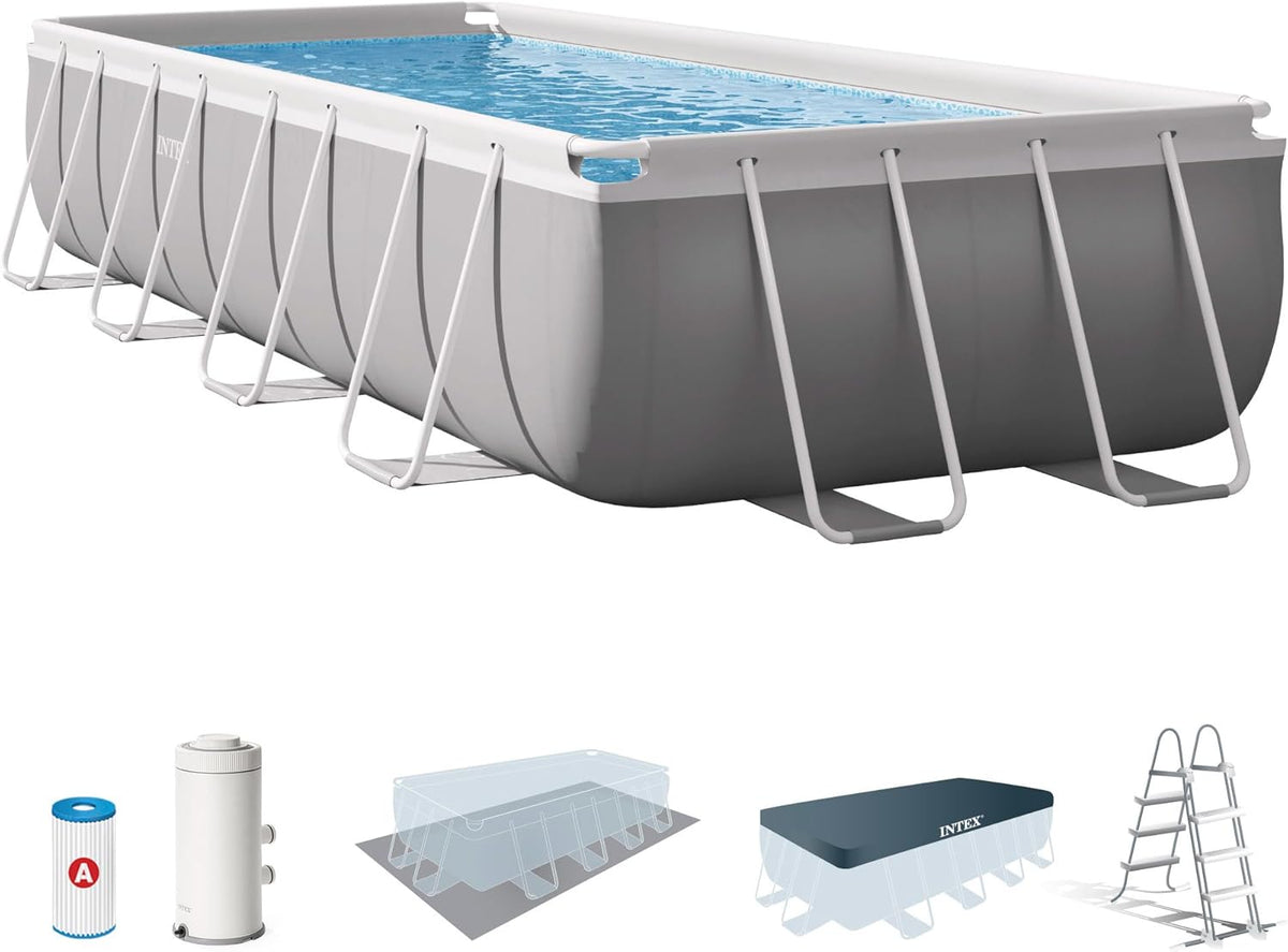 Piscina fuori terra, Acciaio e PVC, Grigio, Pompa Filtro 3785 L, 10874 L, 488x244x107 cm, – Prisma Frame Rettangolare, Scaletta, Intex 26792NP