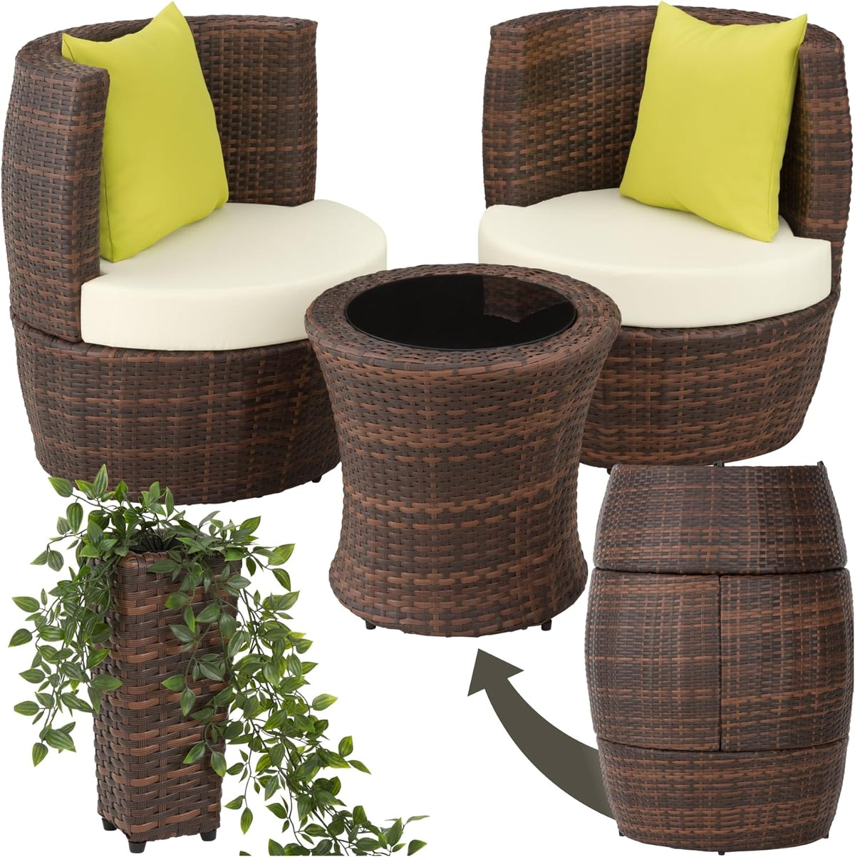 Set mobili da giardino, Poli Rattan e Alluminio, Sedia da Esterno, Poltrona Giardino, Tavolo con Sedie Esterno - Nero, 2 Sedie, 1 Tavolo, tectake