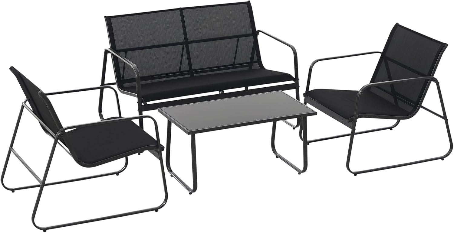 Outsunny Set da pranzo, 2 Sedie e Tavolo da Caffè in Vetro Temperato, con Divanetto da Esterno a 2 Posti, Nero, Set Salotto da Giardino da 4 Pezzi