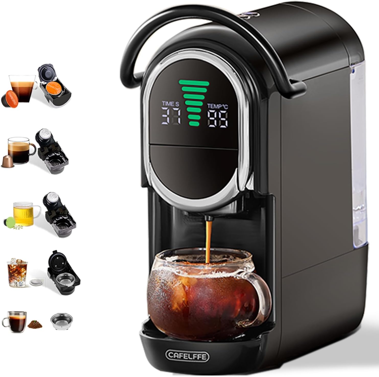 Macchina da caffè, a capsule 4 in 1 con pressione di 19 bar, infuso caldo, freddo, Nes Original, ESE, macinato, nero, CAFELFFE MK-609S