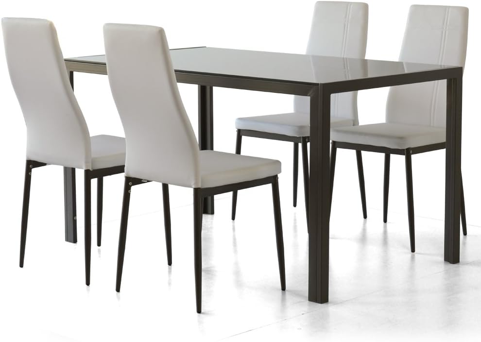 Cribel 135X80X76 Set sala da pranzo, Seduta In Finta Pelle, Robusto Piano Del Tavolo In Vetro Di Sicurezza, Vetro Temperato, Poliuretano, Alluminio