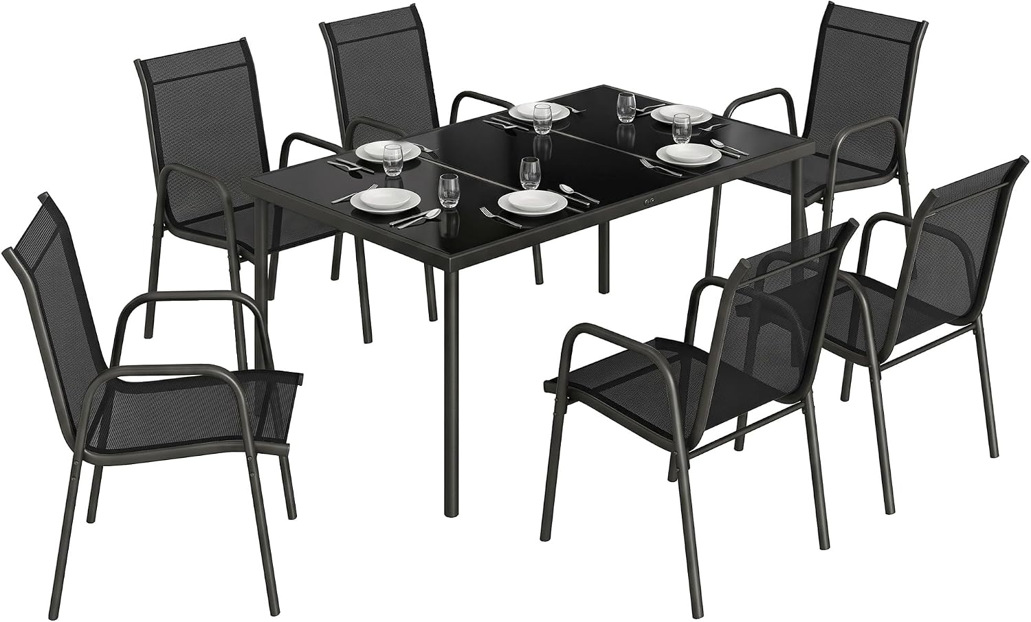 Outsunny Set da pranzo, Tavolo in Vetro Temperato, Struttura in Metallo, per Terrazza Balcone, Nero, Set Tavolo e Sedie da Giardino 7 Pezzi