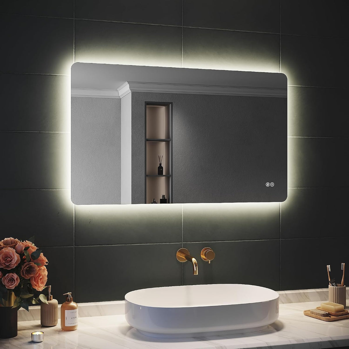 Specchi da parete, Specchio Luminoso da Bagno con Dimmer, Anti-appannamento, Funzione Memoria, Orizzontale, Verticale, SIRHONA 3000K-6500K