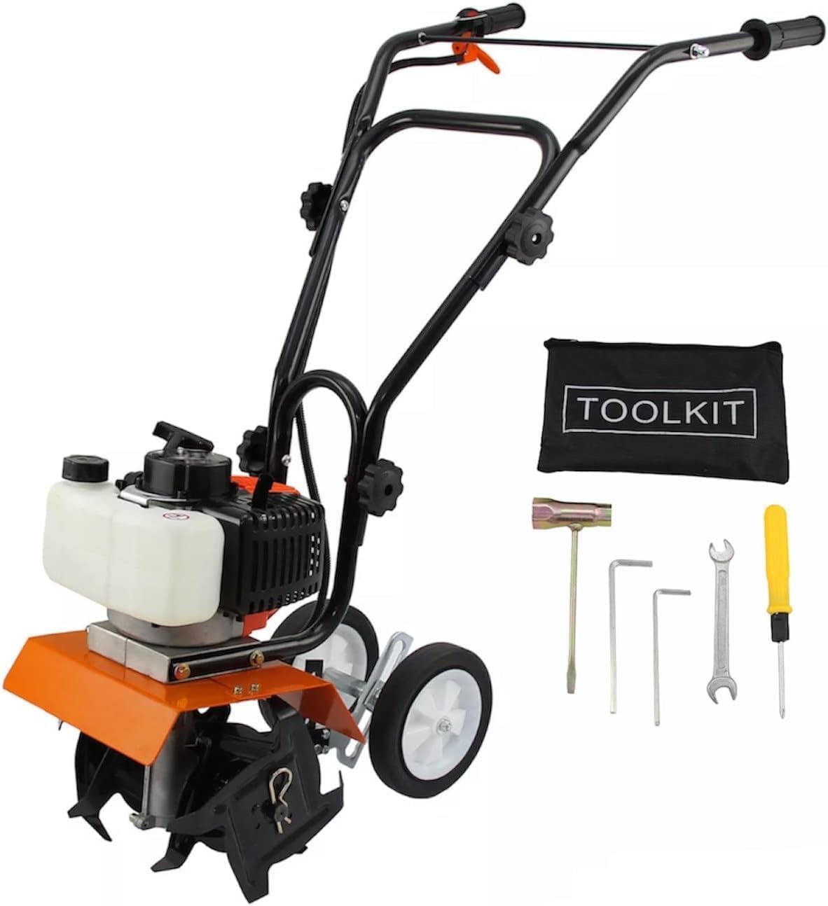 Generico 52CC Motozappe, Motozappa a Scoppio, Motore, Larghezza di Lavoro 30 cm, Profondità 15 cm, Zappa per Terreno, Kit Attrezzi Incluso