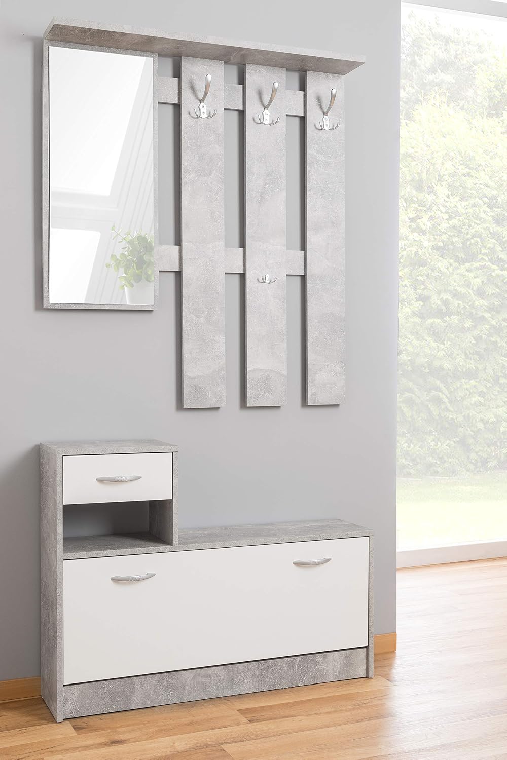 Set arredo ingresso, Legno, Bianco e Cemento, 100 x 25 x 180 cm, Mobile da Ingresso con Specchio e scarpiera, Entratina con cassetto, Dmora