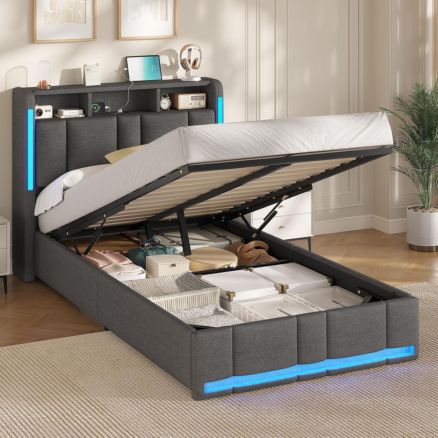 AOGLLATI Letti, Letto Singolo con Contenitore 90x200 cm, Letto Singolo con Illuminazione a LED e Stazione di Ricarica, Grigio Scuro