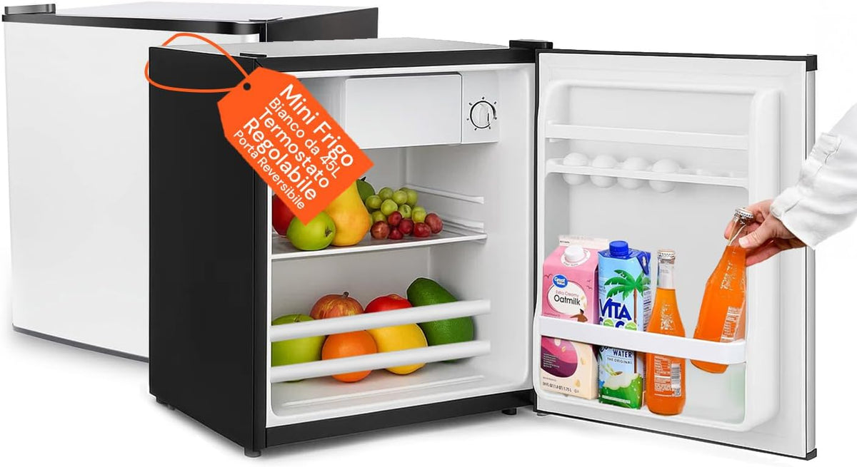 Avilia Mini frigorifero, Mini Frigo Compatto da 45 L con Termostato Regolabile, Porta Bianca Reversibile e Funzionamento Silenzioso per Camera