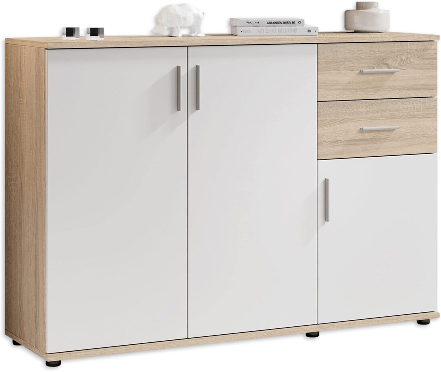 Comò e cassettiere, bianco, 120 x 82 x 35 cm, BOBBY, Cassettiera, effetto rovere Sonoma, Stella Trading