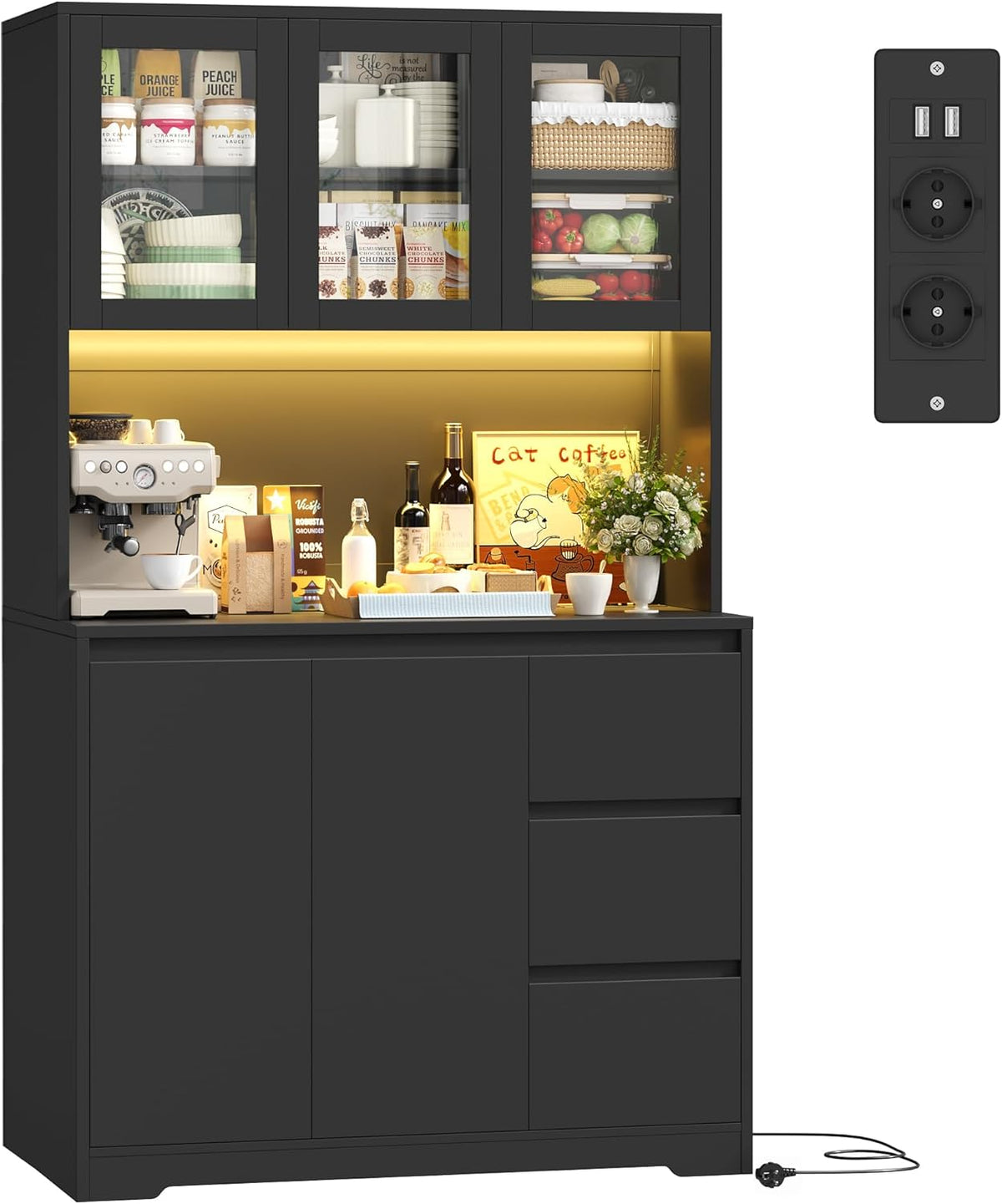 FirFurd Credenza, Alta con Luci a LED e Prese, Mobile Buffet con Cassetti e Armadi, Ripiani Regolabili, Cucina, Studio180x100x38,5 cm (Nero)