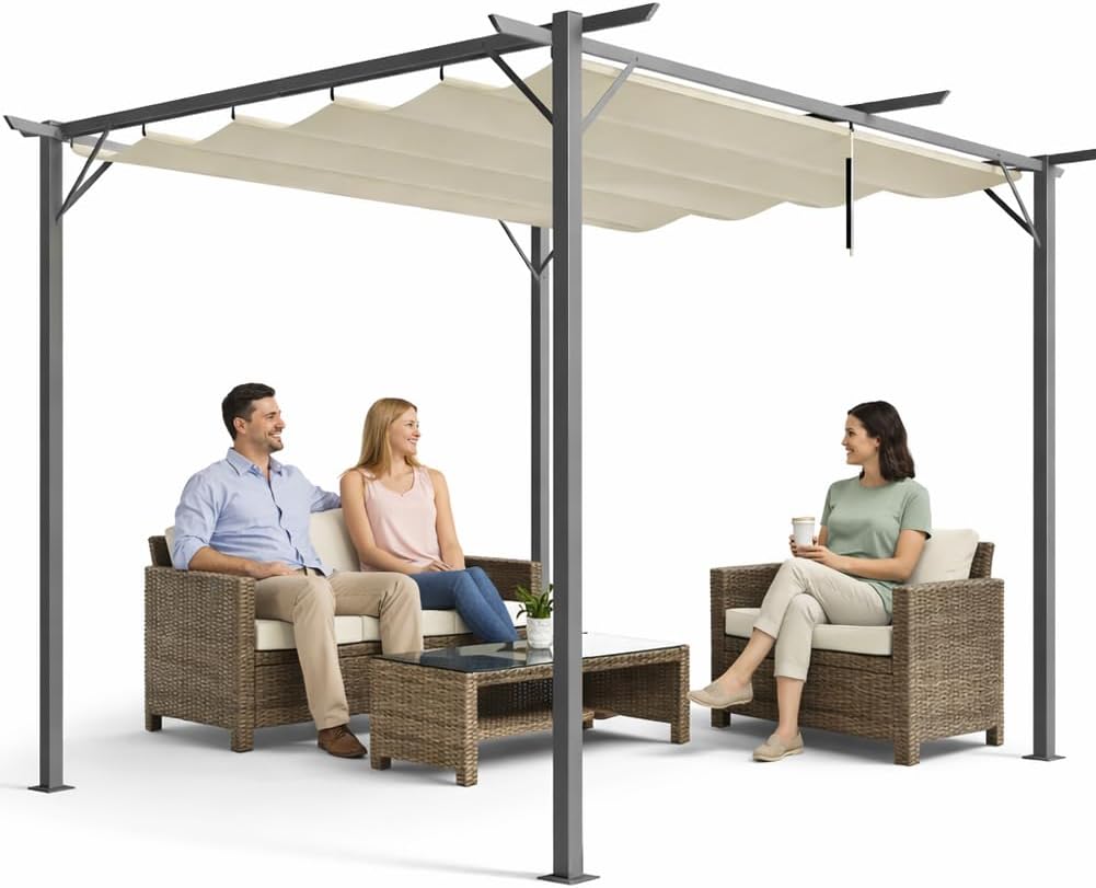 BAKAJI Gazebo, Bar (3 x 3 Metri), Terrazzo, Ideale per Esterno, Giardino, Pergola Beige con Telo Retrattile in Poliestere Impermeabile e Anti UV