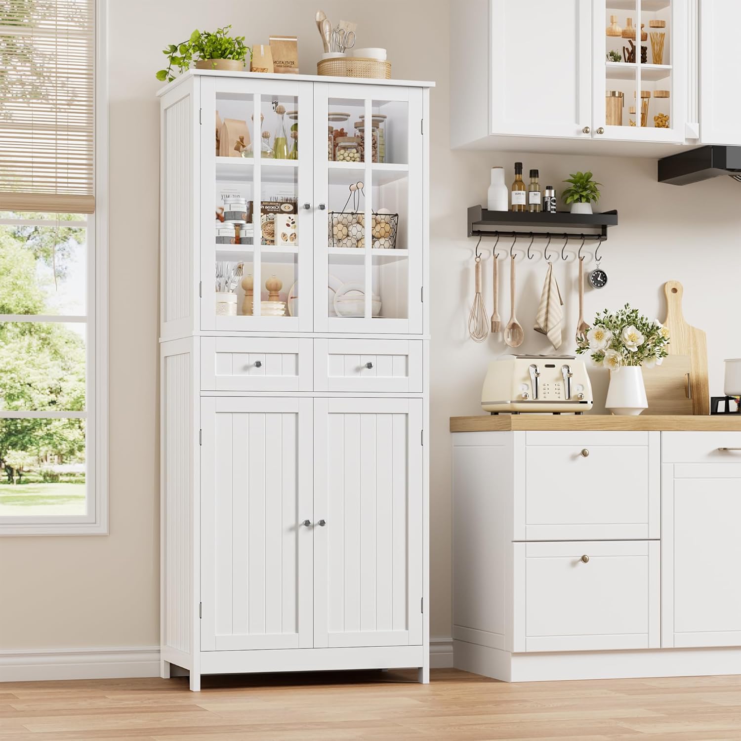 Credenza, Cucina, per Sala da Pranzo, Mobile Dispensa con 4 Ante e 2 Cassetti, Ufficio, Soggiorno, Moderno, Bianco, HOCSOK 180H