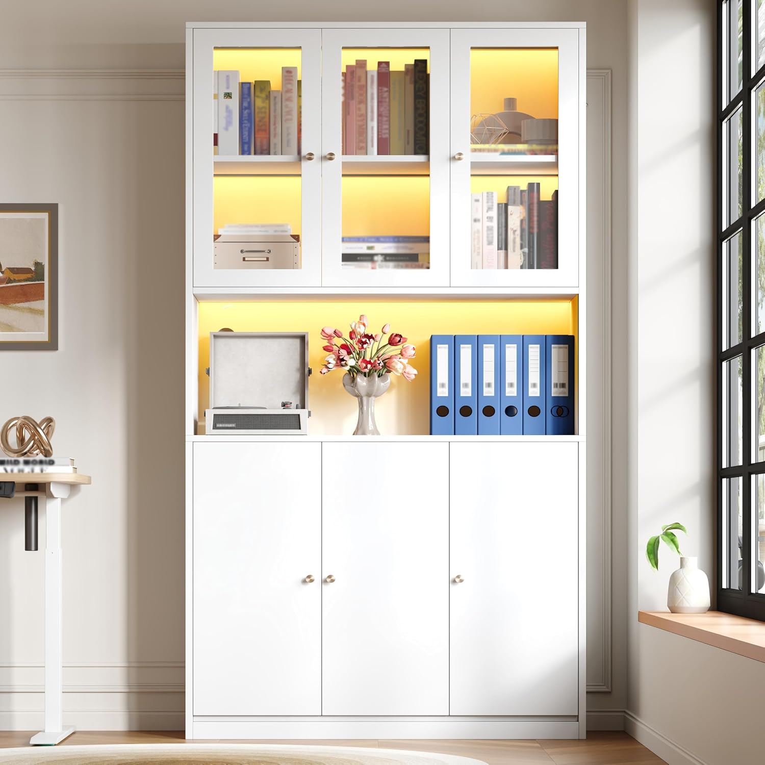NADEUSAK Vetrinette, Libreria bianca 35 × 100 × 200 cm con ante in vetro, scomparto aperto e 3 ante, scaffale con vetrina