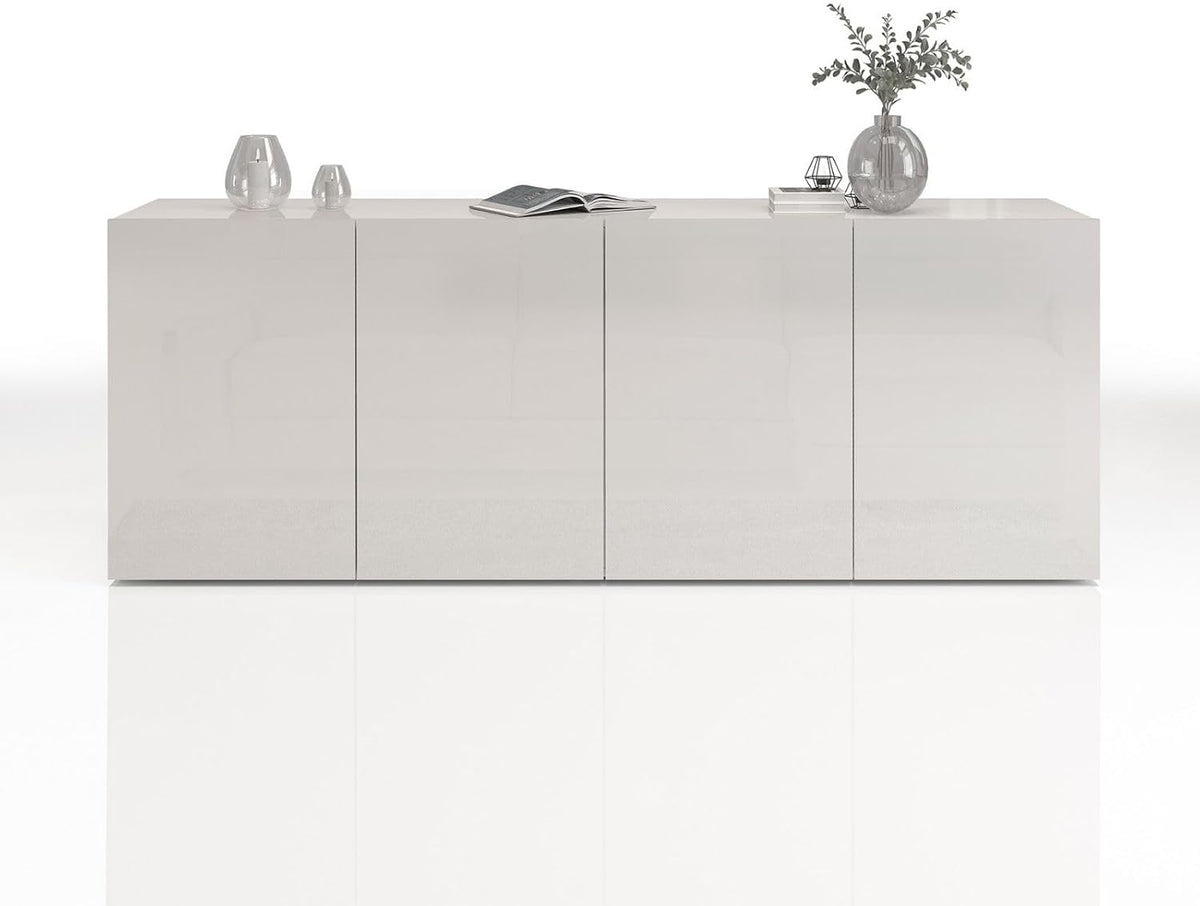 WHOUS Credenza, e Buffet EGYPT per Soggiorno con 4 Ante e 4 Vani, Madia per Salotto, Cucina e Sala da Pranzo in Legno, Bianco Laccato Lucido