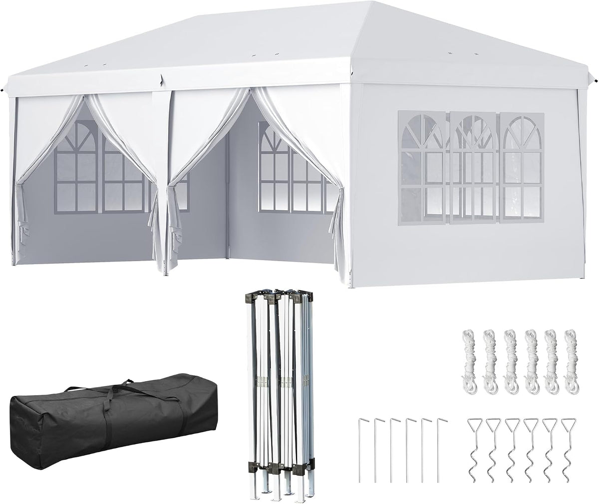 Gazebo, Bianco, da Esterno con 12 Fori di Draneggio in Metallo e Oxford, per Giardino, 2 Porte e Borsa da Trasporto, Feste, Outsunny