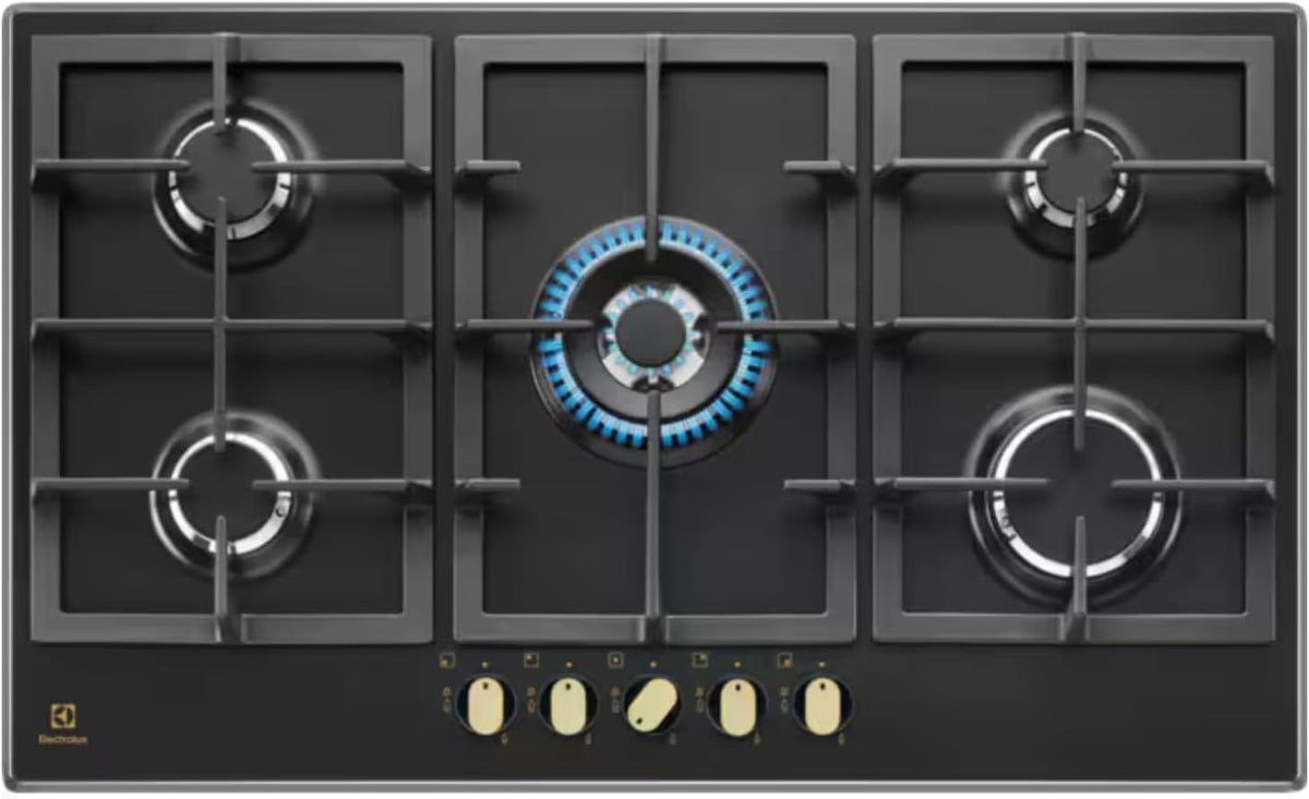Piano cottura, KGS 9536 RN - Teglia da forno a gas, 90 cm, finitura in ghisa nera con manici in bronzo, Electrolux